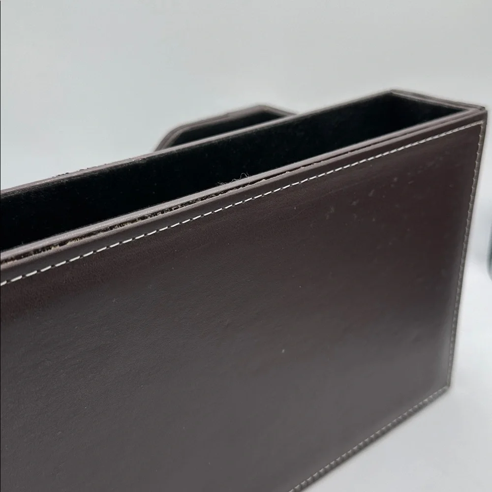 Dark brown faux leather desk organizer with white contrast stitching